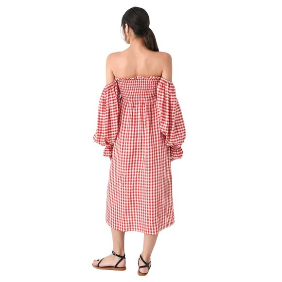 770. SLEEPER Atlanta Gingham Red Smocked Midi Dress $320 NWT Small - Picture 3 of 4